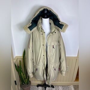 Vintage EMS Goose Down Parka XXL Hooded Beige Green Y2K Ski Winter Outerwear